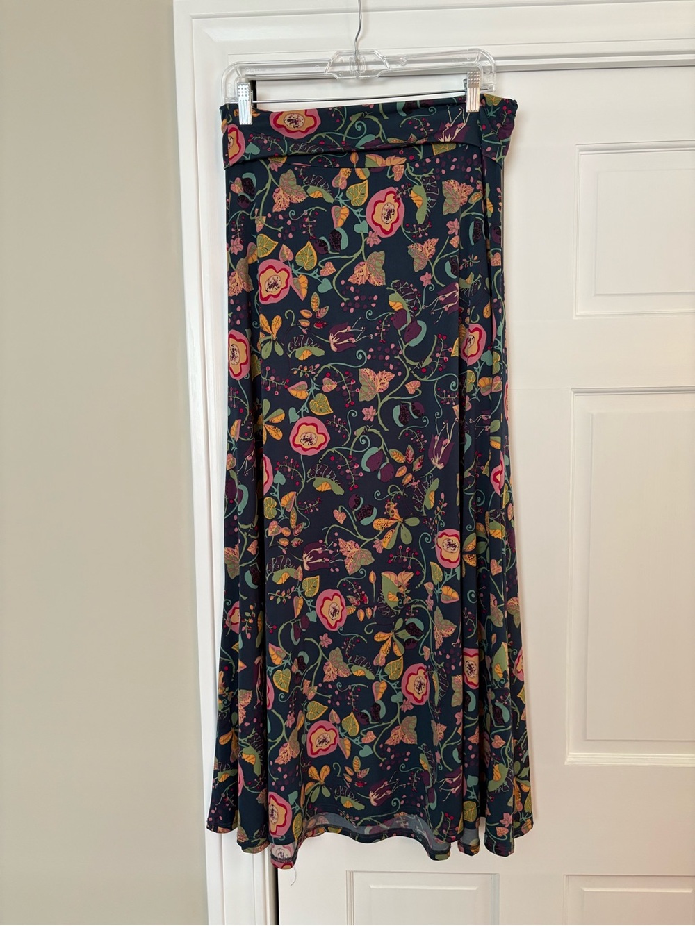 LuLaRoe Long Navy Maxi Skirt with Pink, Navy & Mustard Floral Print